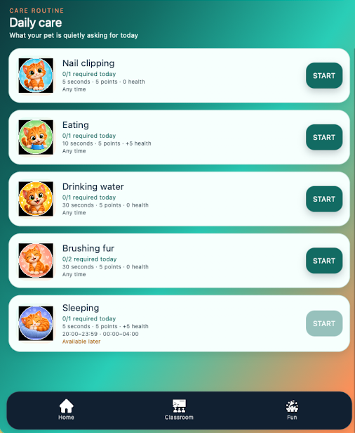 Edumento Pet daily care routine screen