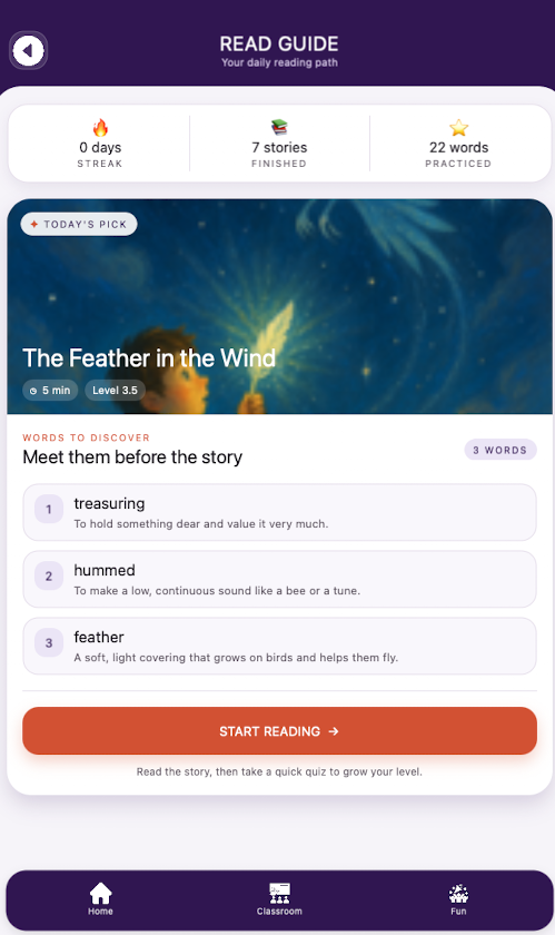Edumento Read Guide story and vocabulary screen