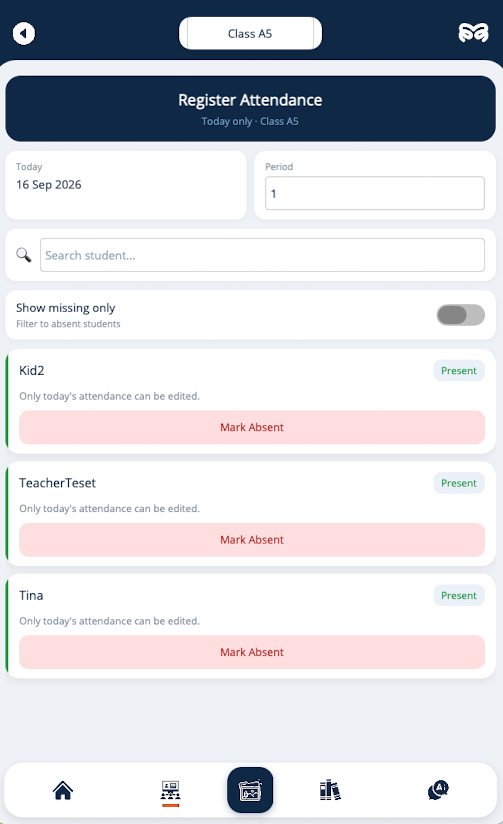 Edumento Teacher attendance screen
